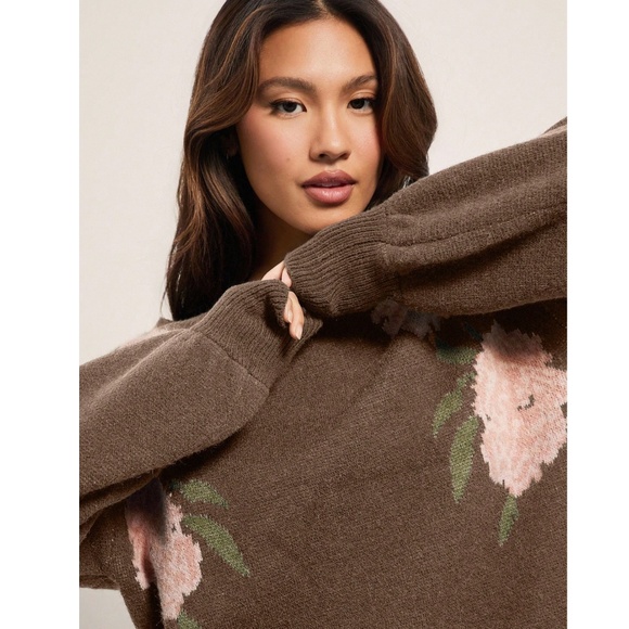 Floral Print Brown Knit Round Neck Long Sleeve Pullover Sweater - Picture 3 of 6